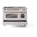ILVE Nostalgie II 48-Inch Propane Gas Dual Fuel Range with 5 Burners, Griddle, & French Top with Triple Glass Door Oven in White with Brass Trim (UP48FSNMPWHGLP)