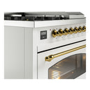 ILVE Nostalgie II 48-Inch Propane Gas Dual Fuel Range with 5 Burners, Griddle, & French Top with Triple Glass Door Oven in White with Brass Trim (UP48FSNMPWHGLP)