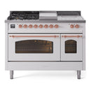 ILVE Nostalgie II 48-Inch Natural Gas Dual Fuel Range with 5 Burners, Griddle, & French Top with Triple Glass Door Oven in White with Copper Trim (UP48FSNMPWHP)