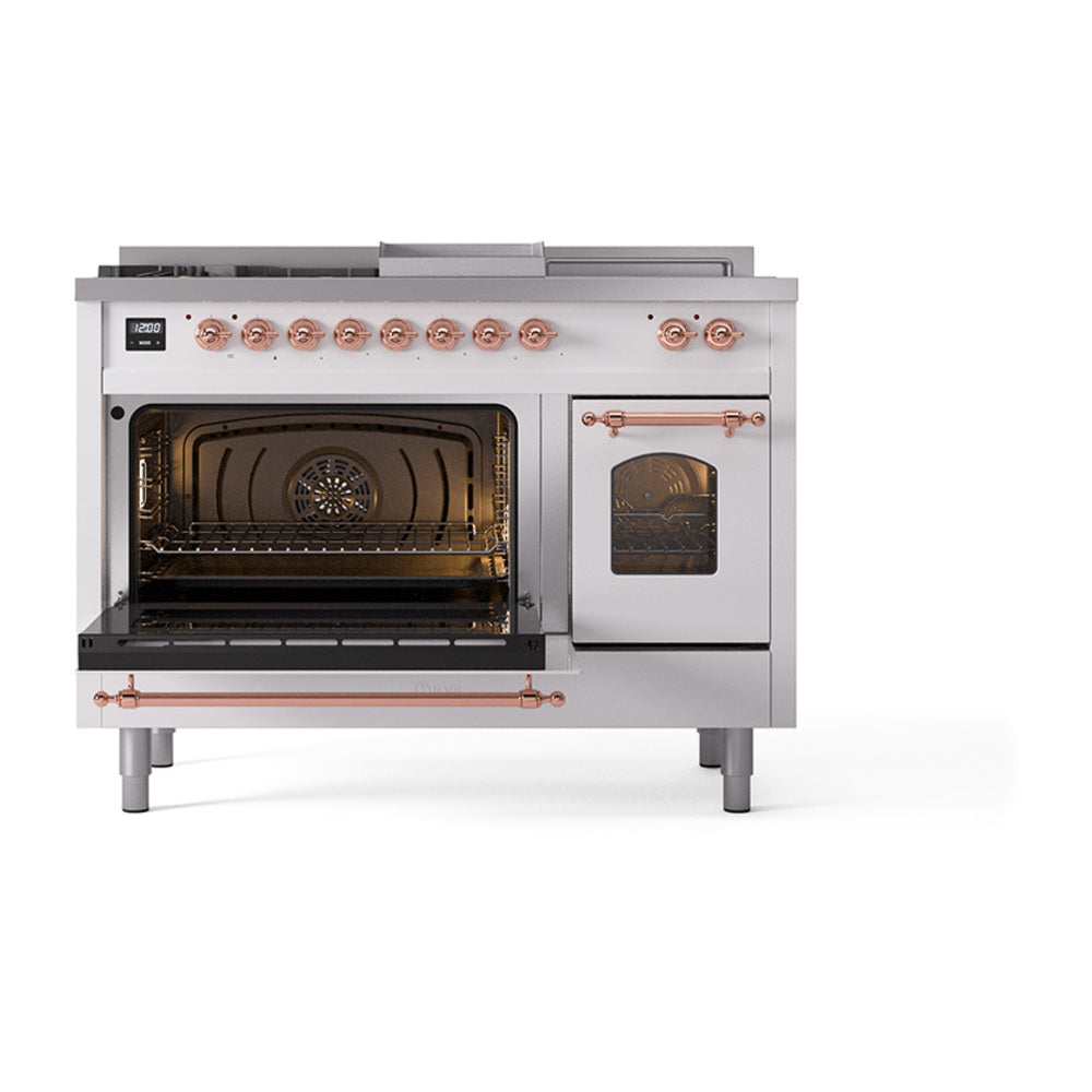 White dual-fuel range with one oven open and copper-trimmed controls.