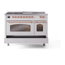 ILVE Nostalgie II 48-Inch Natural Gas Dual Fuel Range with 5 Burners, Griddle, & French Top with Triple Glass Door Oven in White with Copper Trim (UP48FSNMPWHP)