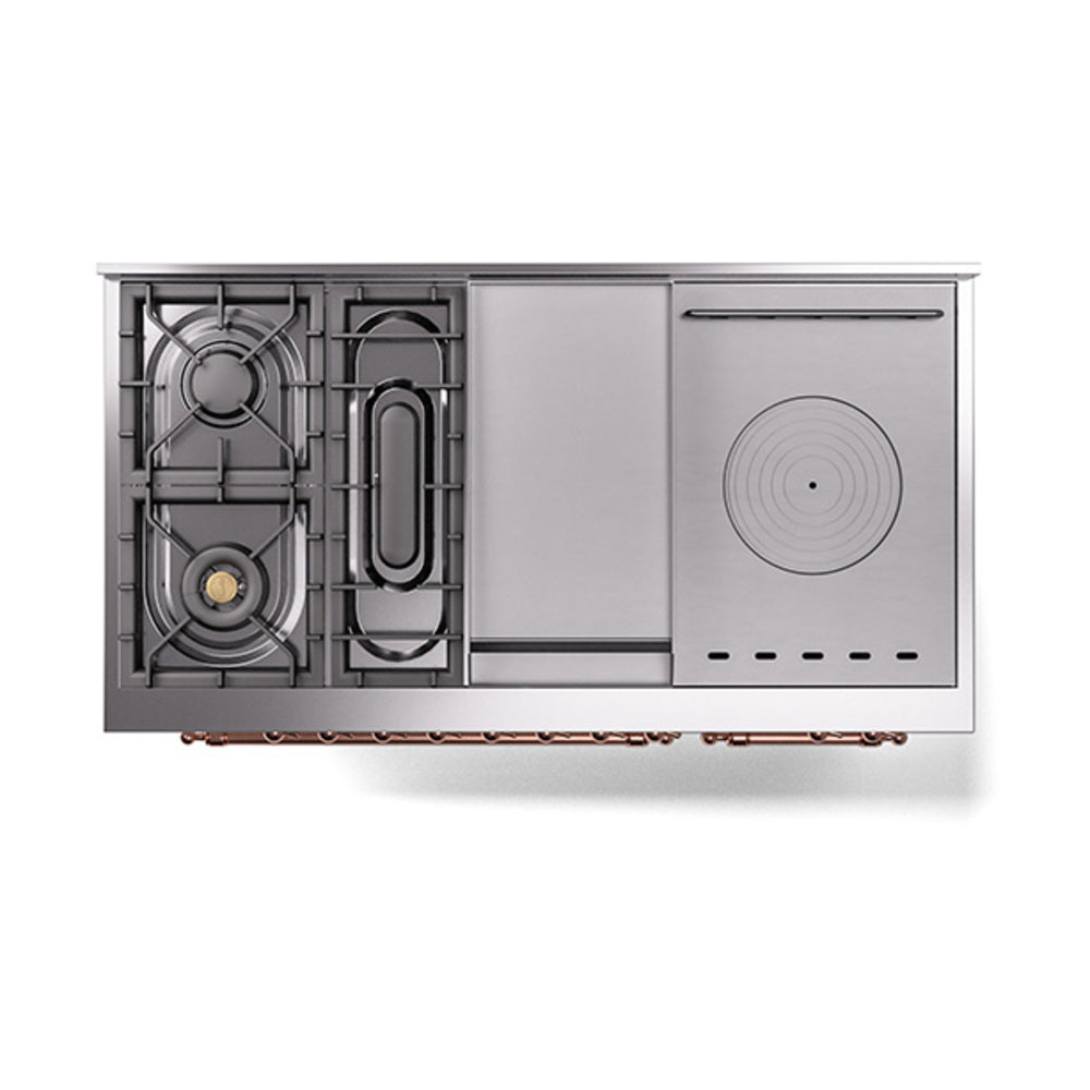 Dual-fuel range rear panel with exposed burner and pipe components in gray.
