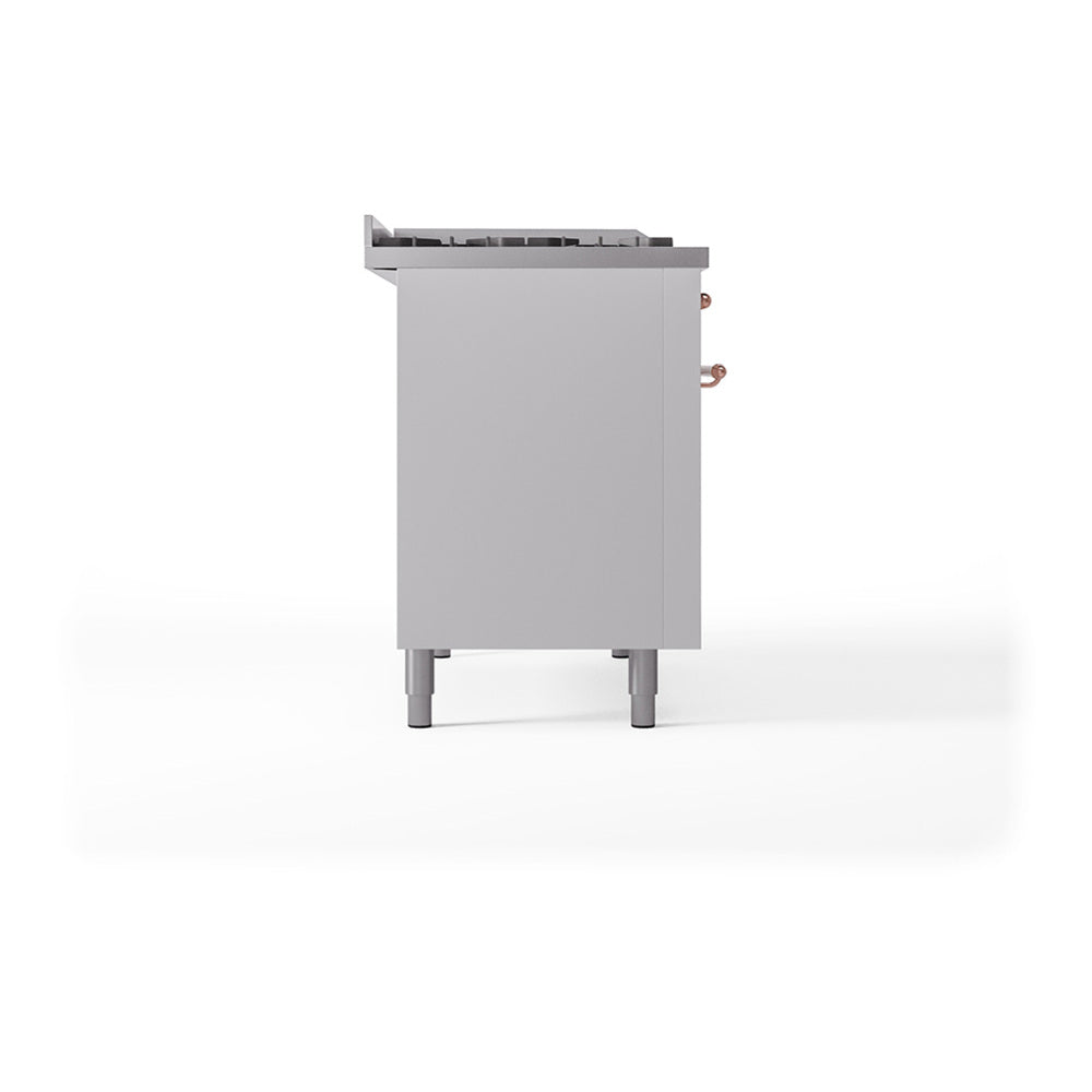 Side view of white dual-fuel range with adjustable legs and rear vent.
