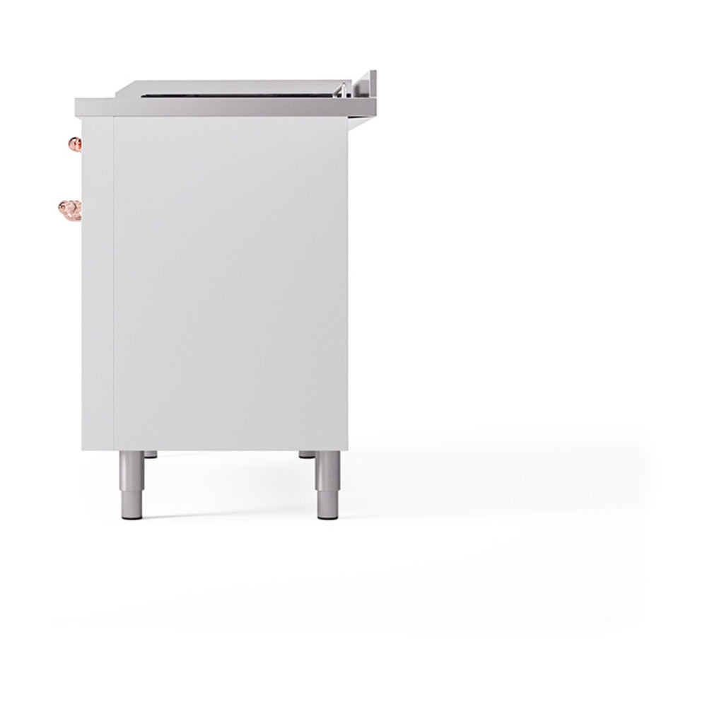 Rear side view of white dual-fuel range with feet and control panel edge.