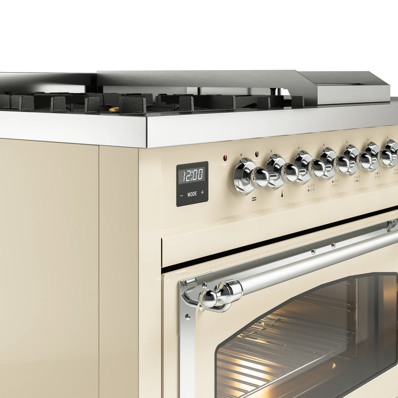 ILVE Nostalgie II Noblesse 48-Inch Dual Fuel Range with 5 Burners, Griddle, & French Top with Triple Glass Door Oven in Antique White with Chrome Trim (UN48FSNMPAWC)