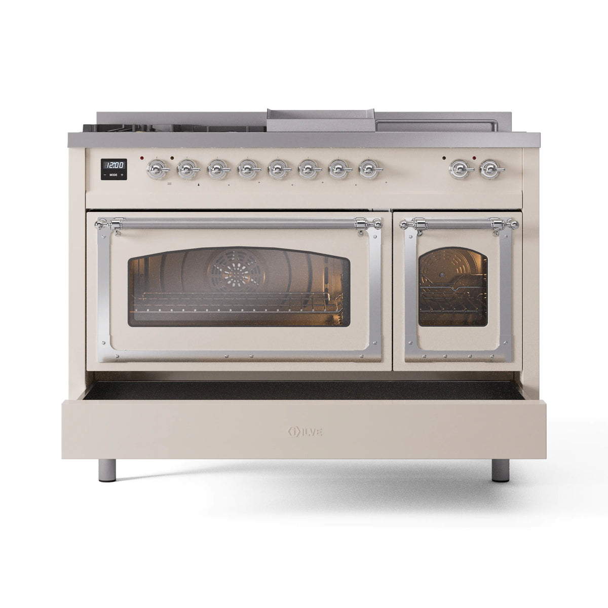 Antique white dual-fuel range with two oven doors and chrome-trim control knobs