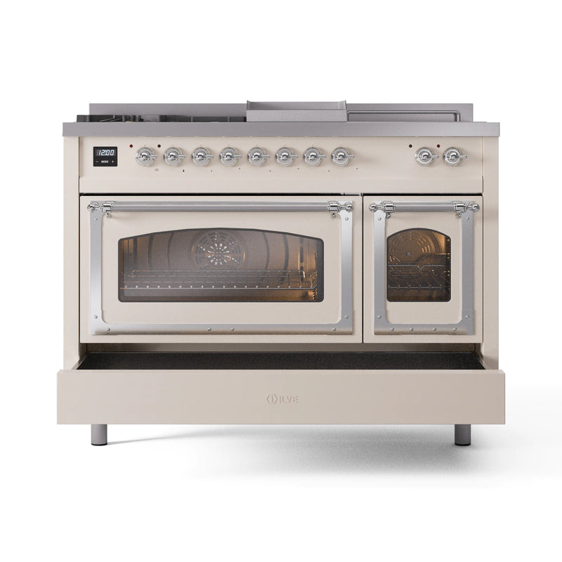 ILVE Nostalgie II Noblesse 48-Inch Dual Fuel Range with 5 Burners, Griddle, & French Top with Triple Glass Door Oven in Antique White with Chrome Trim (UN48FSNMPAWC)