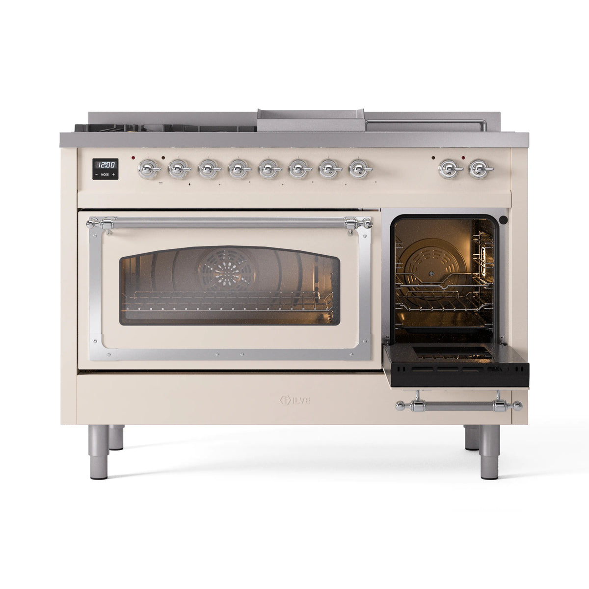 Antique white dual-fuel range with left oven open and right oven door swung open