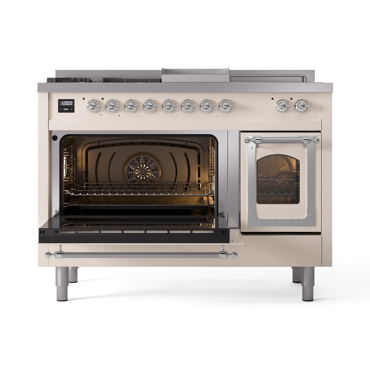 Antique white range with both oven doors open and interior racks visible