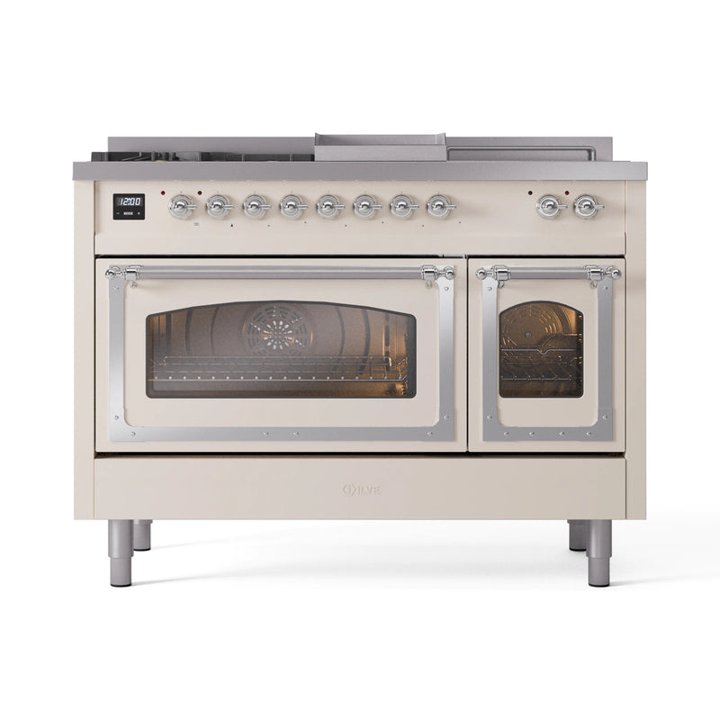 ILVE Nostalgie II Noblesse 48-Inch Dual Fuel Range with 5 Burners, Griddle, & French Top with Triple Glass Door Oven in Antique White with Chrome Trim (UN48FSNMPAWC)