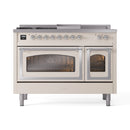ILVE Nostalgie II Noblesse 48-Inch Natural Gas Dual Fuel Range with 5 Burners, Griddle, & French Top with Triple Glass Door Oven in Antique White with Chrome Trim (UN48FSNMPAWC)