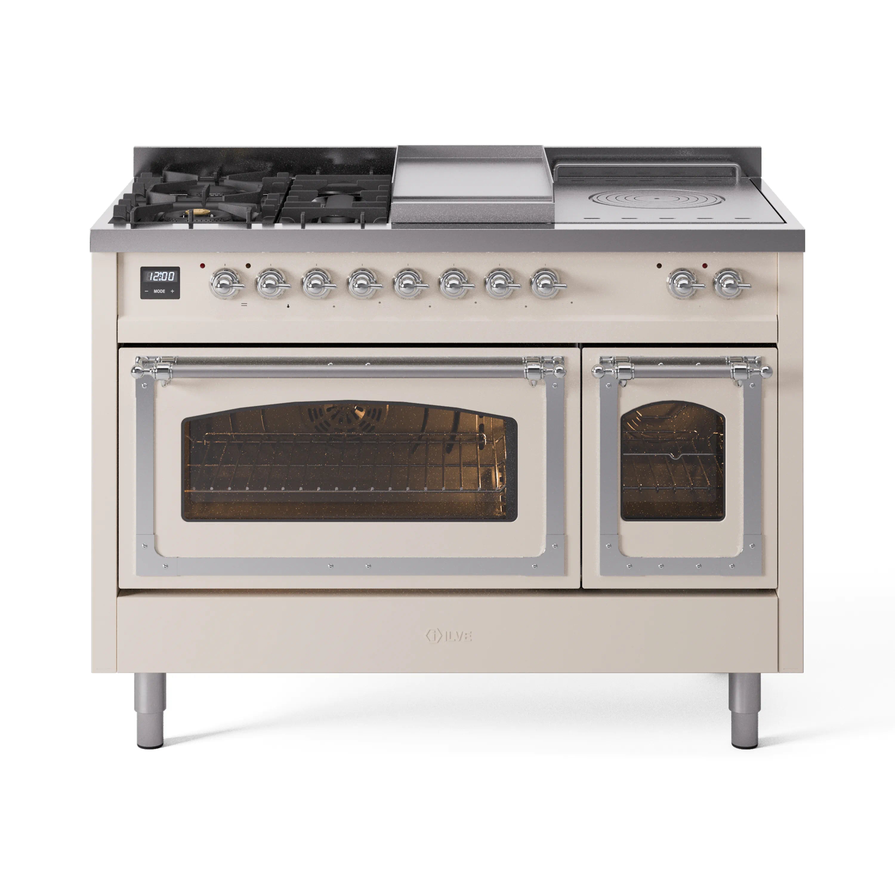 Antique white gas dual-fuel range with 5 burners, griddle, French top, and double ovens