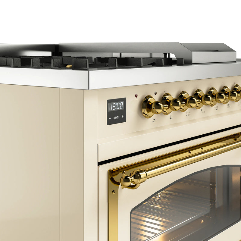 ILVE Nostalgie II Noblesse 48-Inch Dual Fuel Range with 5 Burners, Griddle, & French Top with Triple Glass Door Oven in Antique White with Brass Trim (UN48FSNMPAWG)