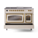 ILVE Nostalgie II Noblesse 48-Inch Natural Gas Dual Fuel Range with 5 Burners, Griddle, & French Top with Triple Glass Door Oven in Antique White with Brass Trim (UN48FSNMPAWG)