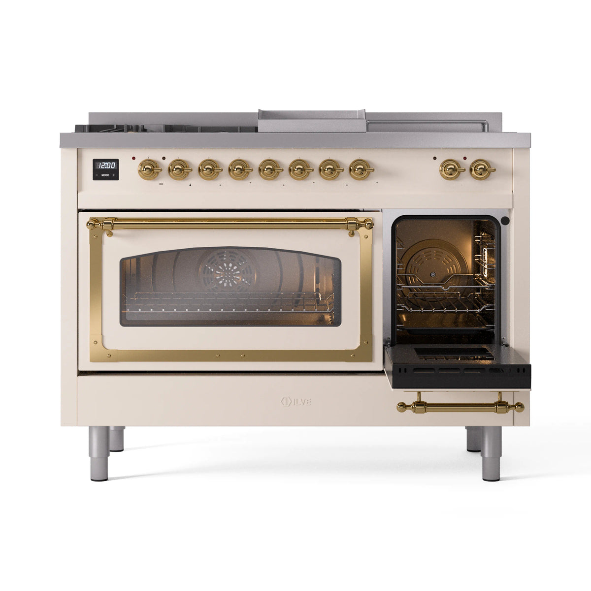 Antique white dual fuel range with one oven door open, brass handle and glass door frame
