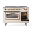 ILVE Nostalgie II Noblesse 48-Inch Natural Gas Dual Fuel Range with 5 Burners, Griddle, & French Top with Triple Glass Door Oven in Antique White with Brass Trim (UN48FSNMPAWG)