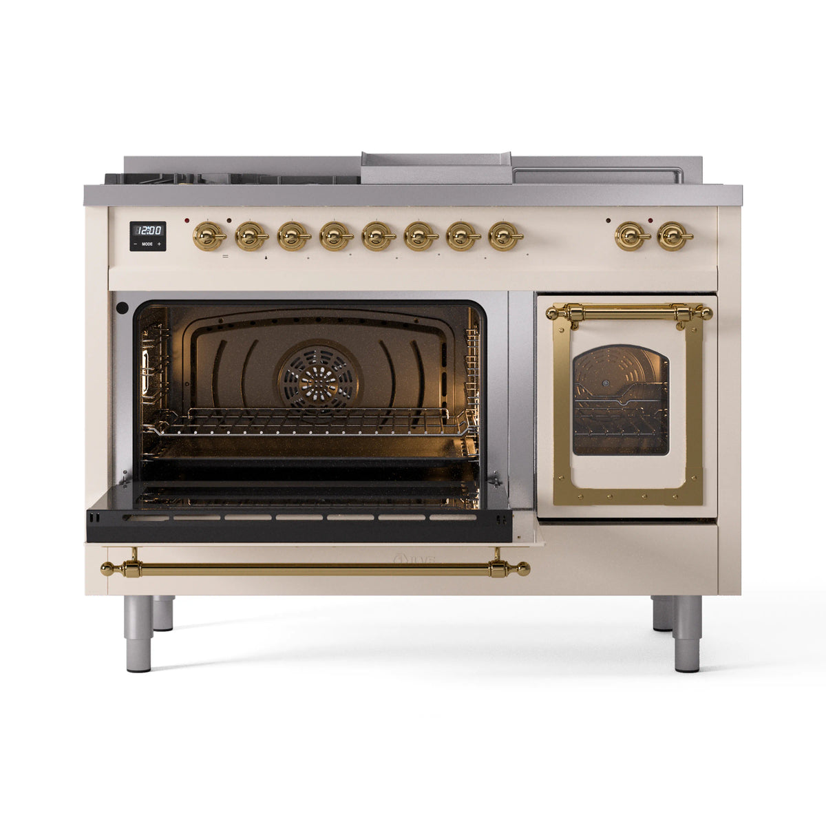 Antique white range with both ovens open, brass handles and interior racks visible