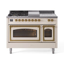 ILVE Nostalgie II Noblesse 48-Inch Natural Gas Dual Fuel Range with 5 Burners, Griddle, & French Top with Triple Glass Door Oven in Antique White with Brass Trim (UN48FSNMPAWG)