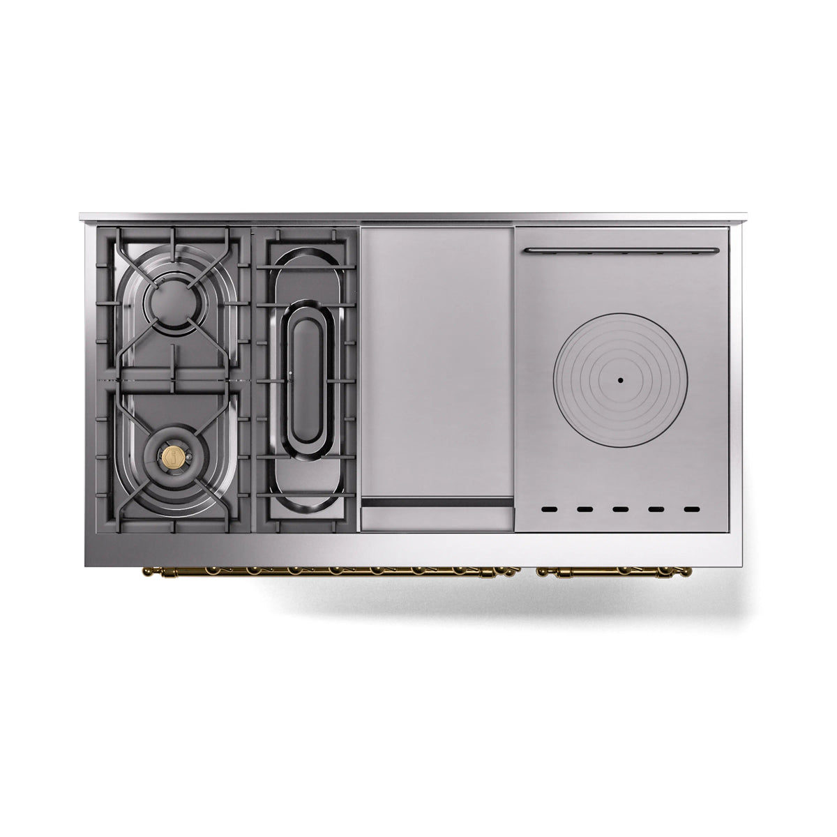 Antique white dual-fuel gas range with French top and side burner layout detail