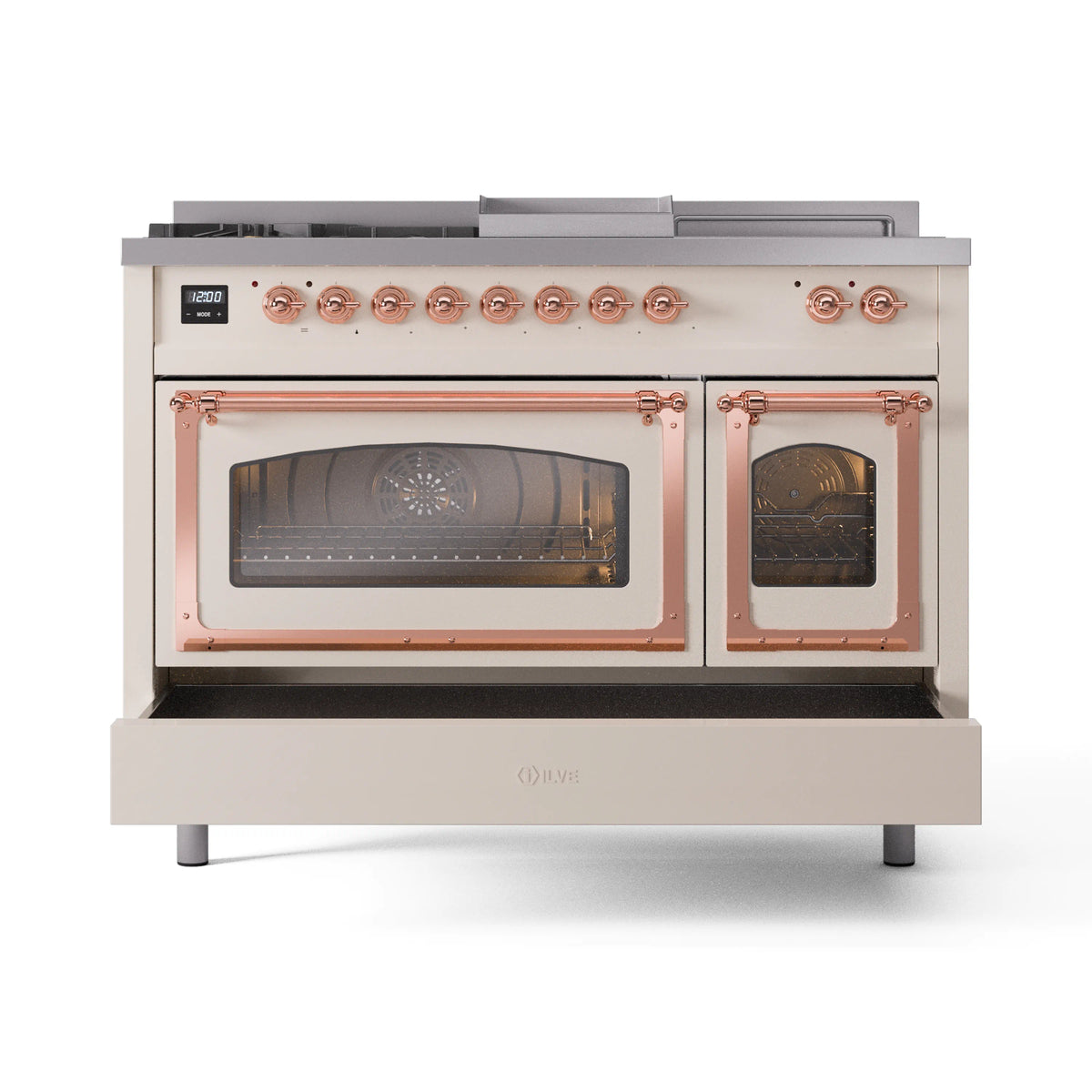 Antique white dual fuel range with copper-trimmed oven frames and glass doors