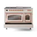 ILVE Nostalgie II Noblesse 48-Inch Natural Gas Dual Fuel Range with 5 Burners, Griddle, & French Top with Triple Glass Door Oven in Antique White with Copper Trim (UN48FSNMPAWP)