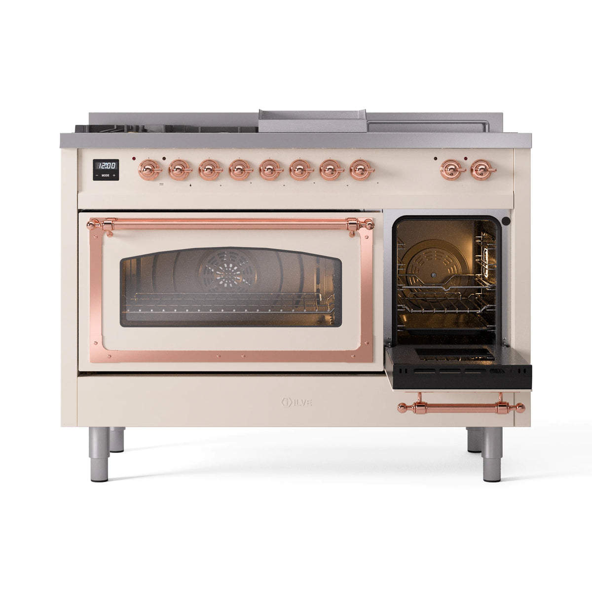 Antique white dual fuel range with right oven open and copper-trimmed glass door