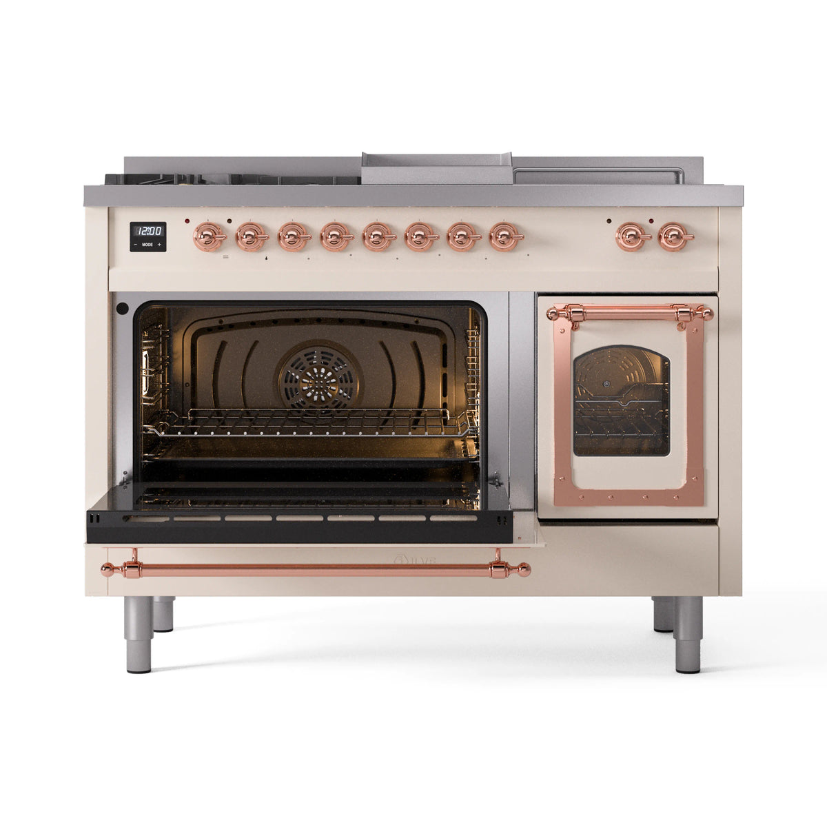 Antique white dual fuel range with both ovens open and copper trim