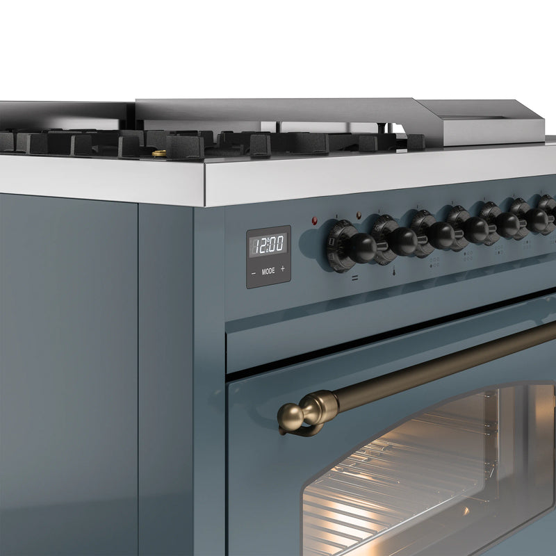 ILVE Nostalgie II 48-Inch Dual Fuel Freestanding Range in Blue Grey with Bronze Trim (UP48FSNMPBGB)