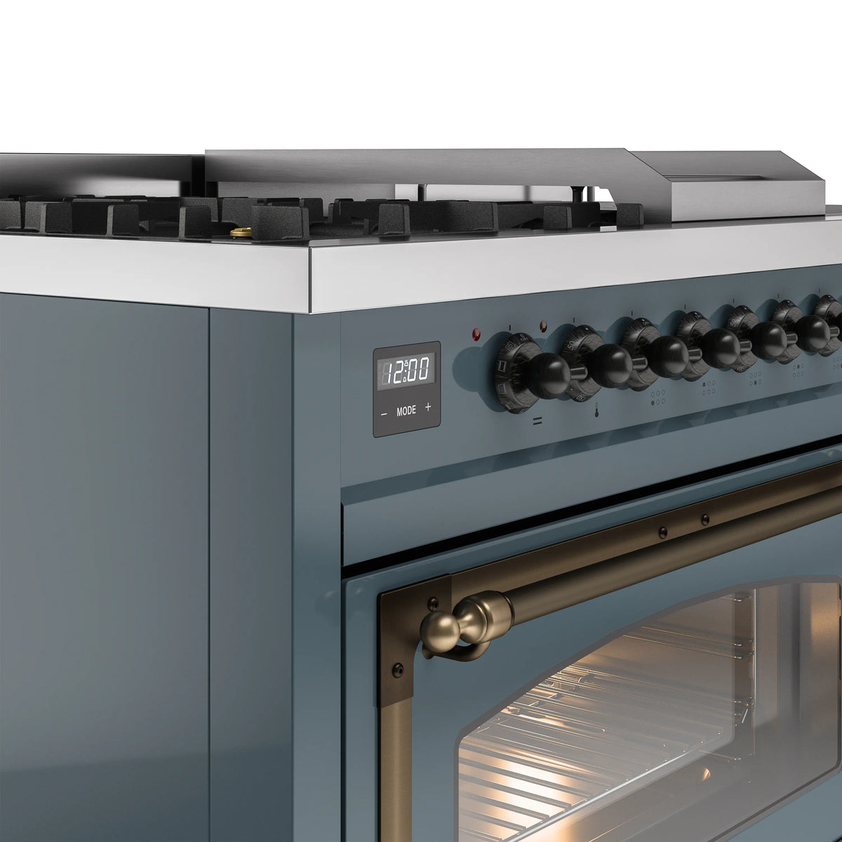 Blue grey range control panel with digital display and knob controls