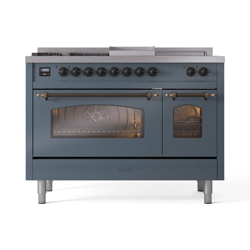 ILVE Nostalgie II 48-Inch Dual Fuel Freestanding Range in Blue Grey with Bronze Trim (UP48FSNMPBGB)