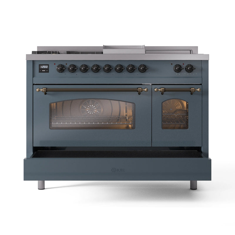 ILVE Nostalgie II 48-Inch Dual Fuel Freestanding Range in Blue Grey with Bronze Trim (UP48FSNMPBGB)