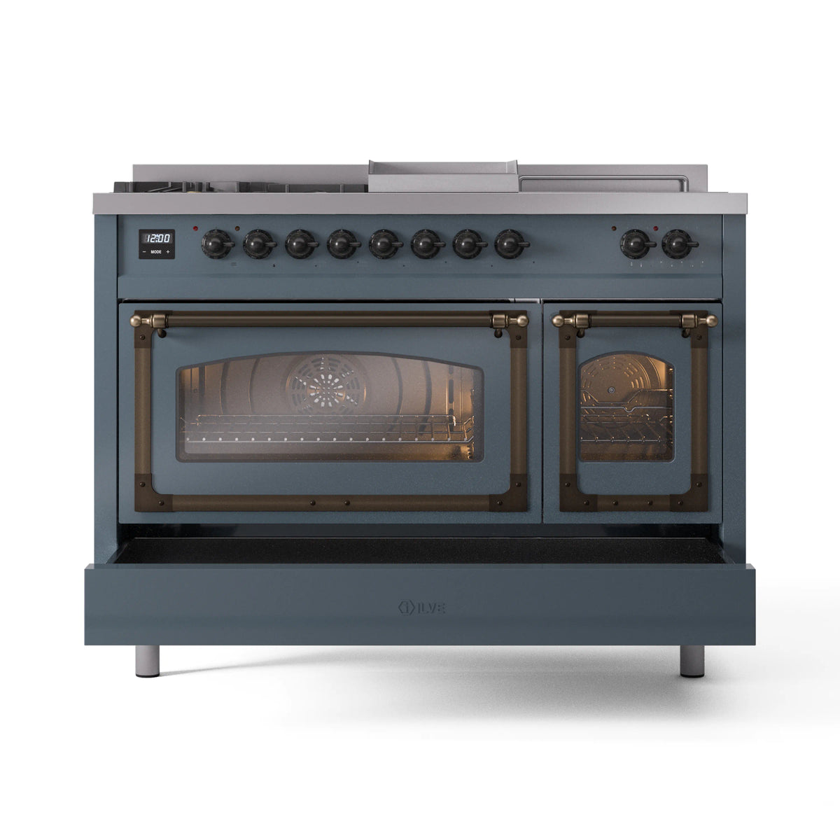 Blue-grey dual-fuel range with bronze trim, closed twin glass ovens, and front control knobs