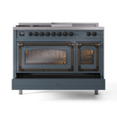 ILVE Nostalgie II Noblesse 48-Inch Natural Gas Dual Fuel Range with 5 Burners, Griddle, & French Top with Triple Glass Door Oven in Blue Grey with Bronze Trim (UN48FSNMPBGB)