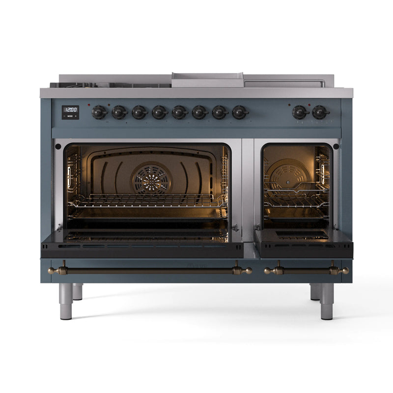 ILVE Nostalgie II 48-Inch Dual Fuel Freestanding Range in Blue Grey with Bronze Trim (UP48FSNMPBGB)