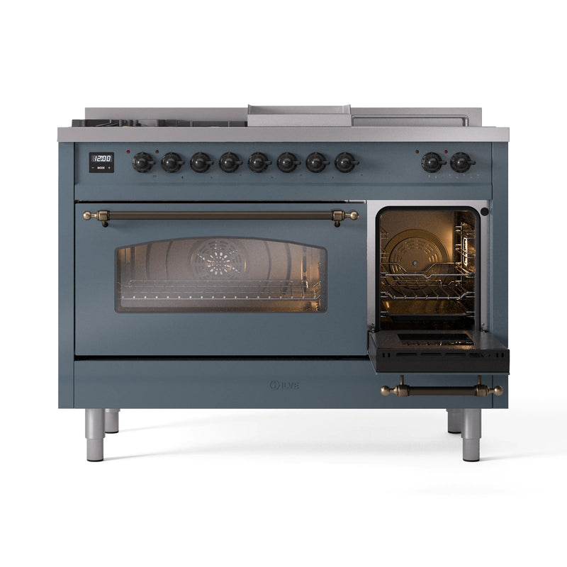 ILVE Nostalgie II 48-Inch Dual Fuel Freestanding Range in Blue Grey with Bronze Trim (UP48FSNMPBGB)