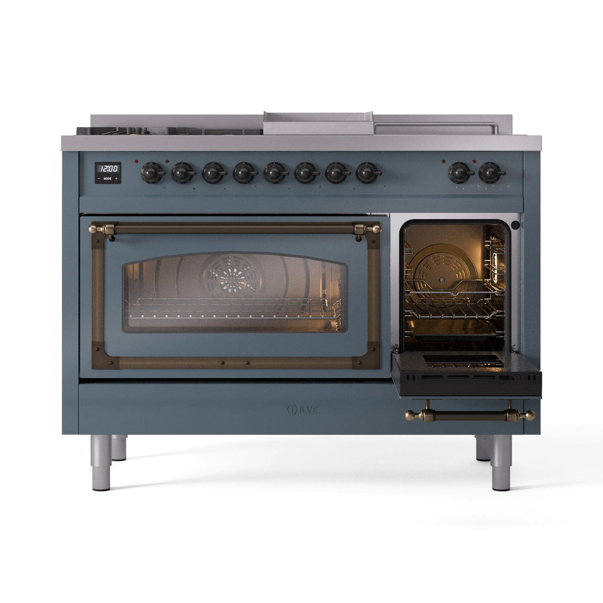 Blue-grey range with left oven door closed and right oven door open, bronze handle accents