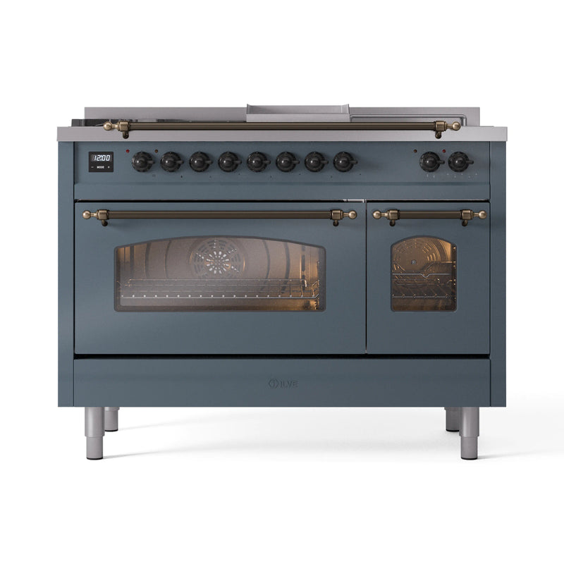 ILVE Nostalgie II 48-Inch Dual Fuel Freestanding Range in Blue Grey with Bronze Trim (UP48FSNMPBGB)