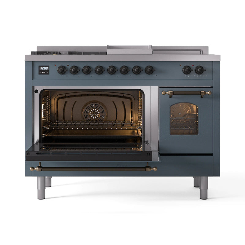 ILVE Nostalgie II 48-Inch Dual Fuel Freestanding Range in Blue Grey with Bronze Trim (UP48FSNMPBGB)