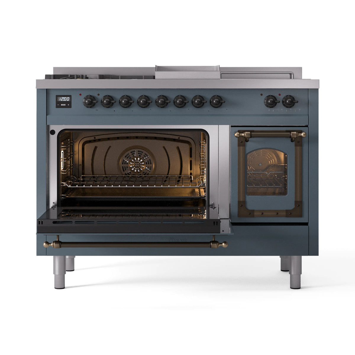 Blue grey dual fuel range with both oven doors open, showing interior racks