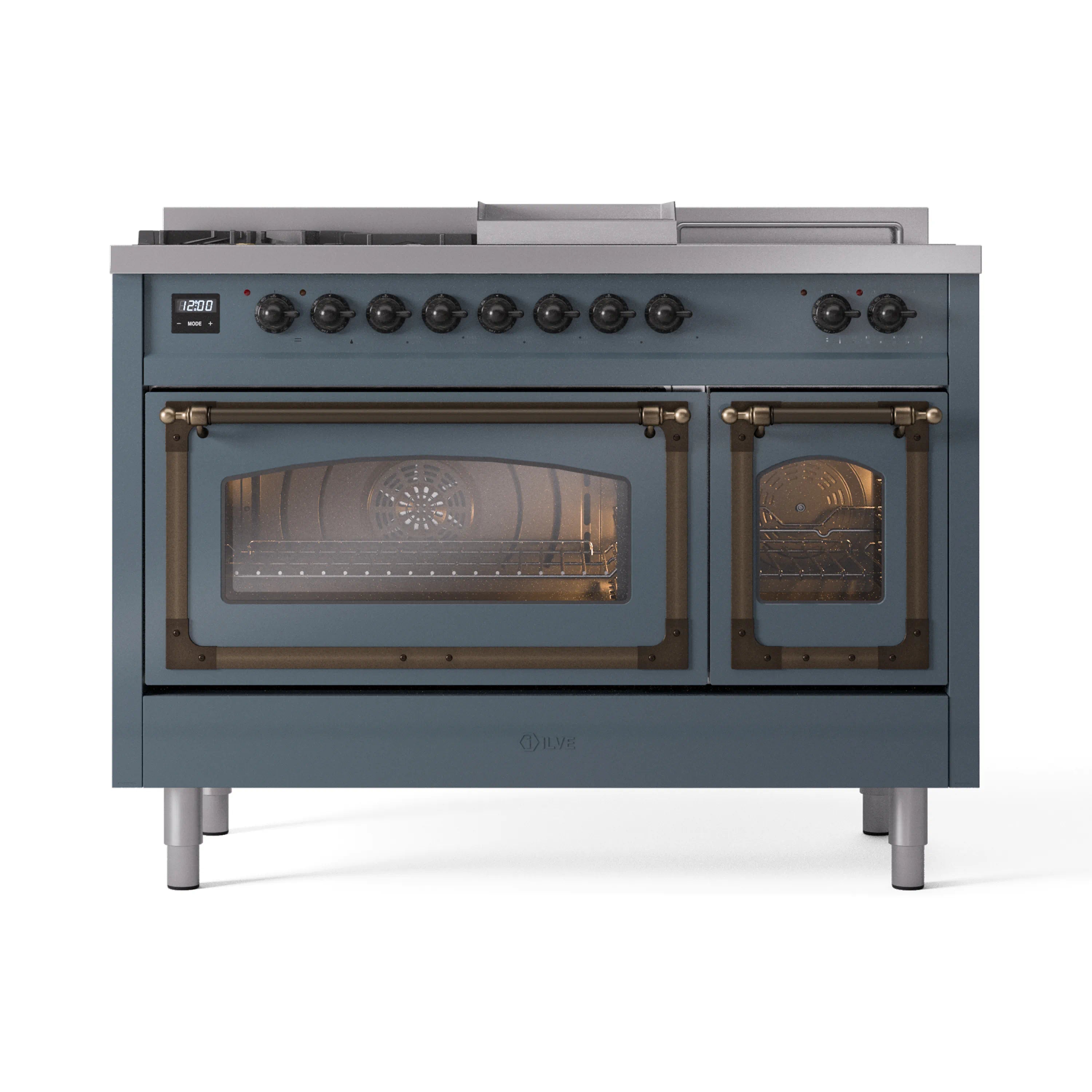 Blue-grey dual-fuel range front with bronze handles, control knobs, and twin glass oven doors