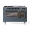 ILVE Nostalgie II Noblesse 48-Inch Natural Gas Dual Fuel Range with 5 Burners, Griddle, & French Top with Triple Glass Door Oven in Blue Grey with Bronze Trim (UN48FSNMPBGB)