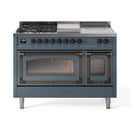 ILVE Nostalgie II Noblesse 48-Inch Propane Gas Dual Fuel Range with 5 Burners, Griddle, & French Top with Triple Glass Door Oven in Blue Grey with Bronze Trim (UN48FSNMPBGBLP)