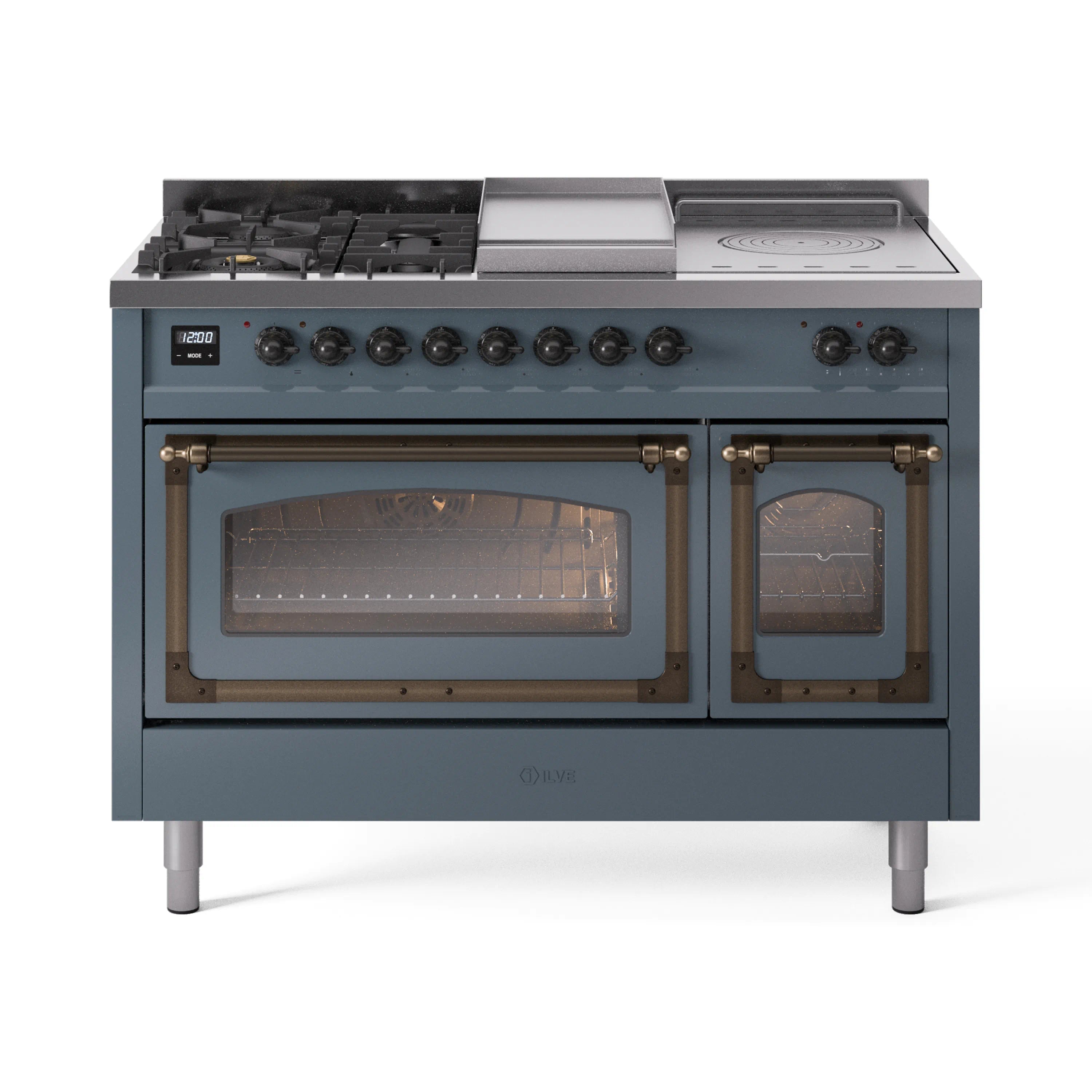 Blue-grey dual-fuel range with bronze trim, five burners, griddle, and dual glass ovens