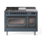 ILVE Nostalgie II Noblesse 48-Inch Natural Gas Dual Fuel Range with 5 Burners, Griddle, & French Top with Triple Glass Door Oven in Blue Grey with Bronze Trim (UN48FSNMPBGB)