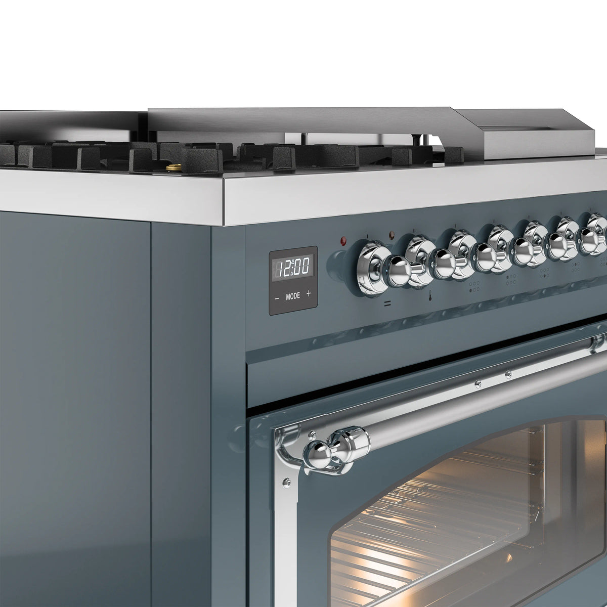 Blue gray control panel with digital display and chrome burner knobs