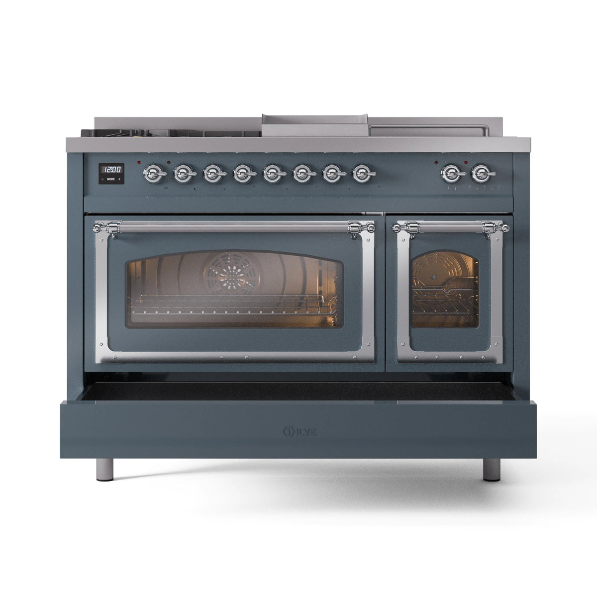 Blue grey range with one oven door closed, two glass doors, and chrome trim