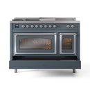 ILVE Nostalgie II Noblesse 48-Inch Propane Gas Dual Fuel Range with 5 Burners, Griddle, & French Top with Triple Glass Door Oven in Blue Grey with Chrome Trim (UN48FSNMPBGCLP)