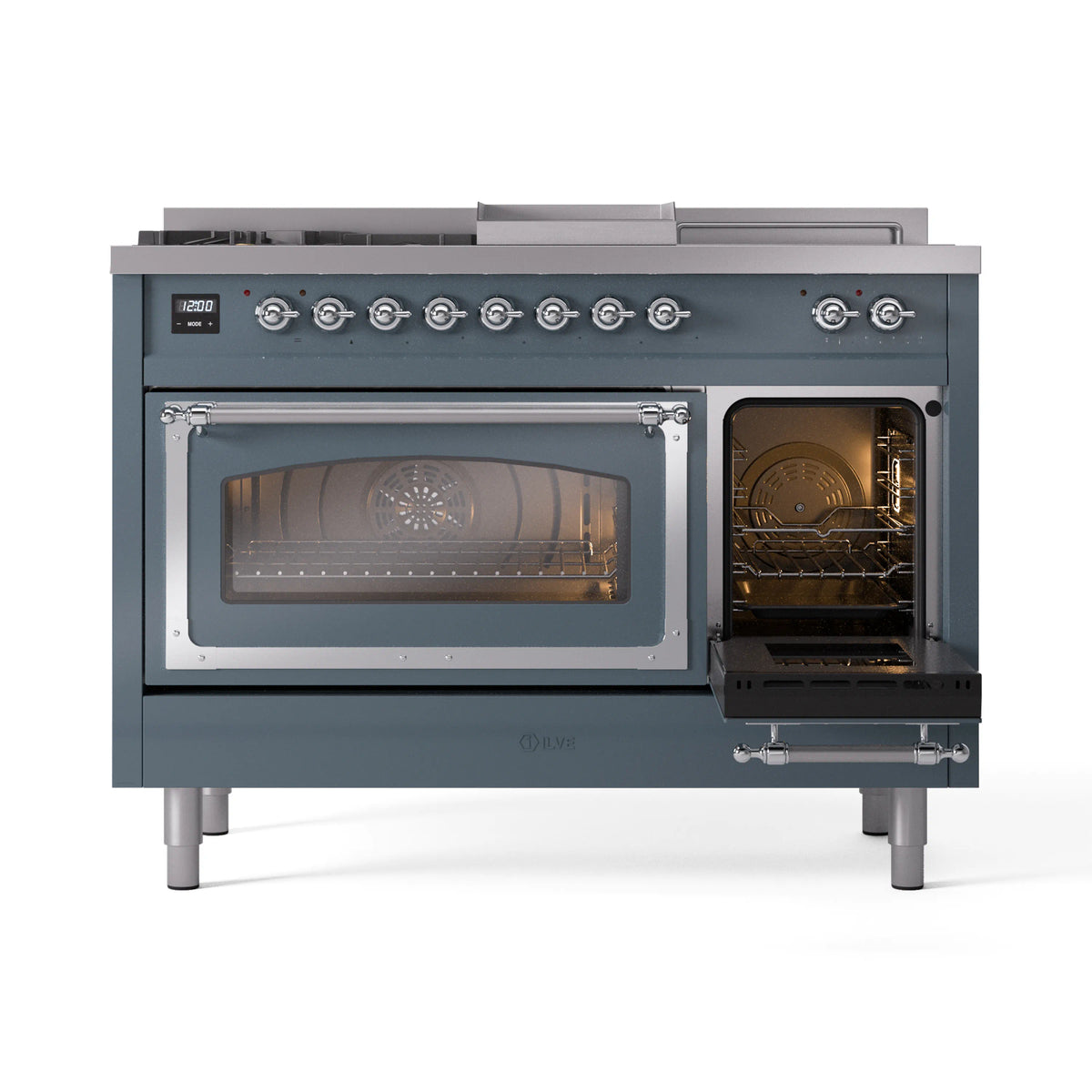 Blue gray range with left oven door open, lit interior racks visible