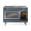 ILVE Nostalgie II Noblesse 48-Inch Natural Gas Dual Fuel Range with 5 Burners, Griddle, & French Top with Triple Glass Door Oven in Blue Grey with Chrome Trim (UN48FSNMPBGC)