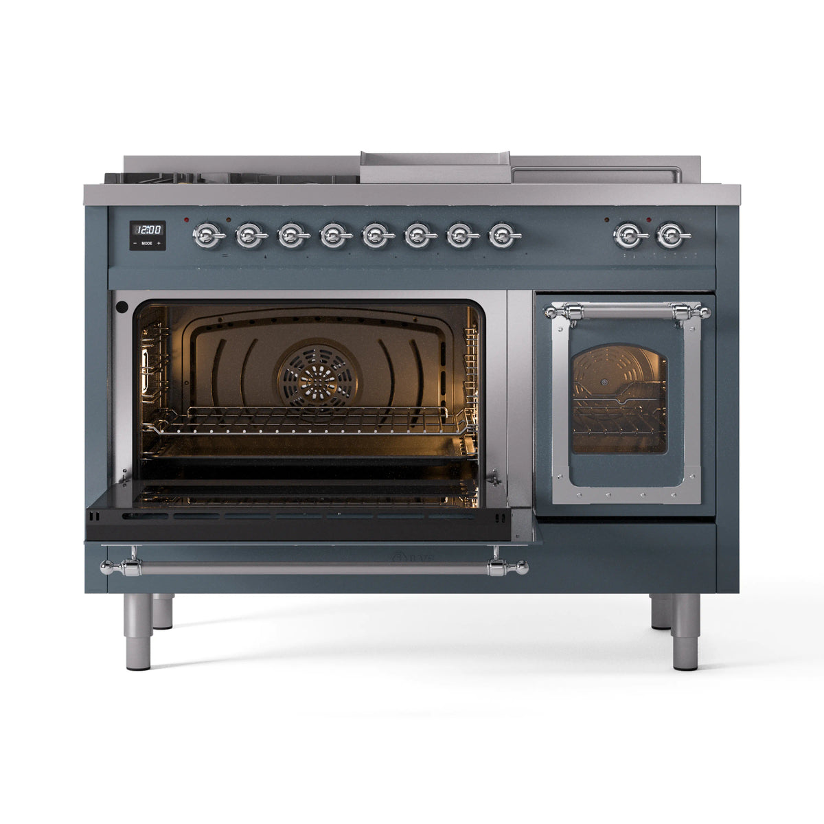 Blue gray range with both oven doors open, interior lighted with racks visible